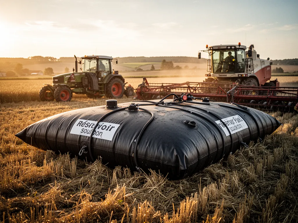 Cuve souple de carburant posée au sol sur une aire plane, avec raccords de remplissage et environnement agricole