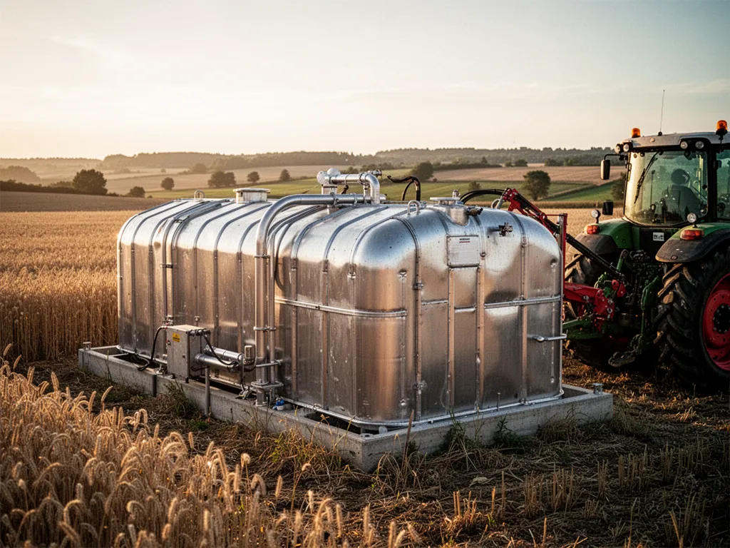 Réservoir de carburant en inox posé sur un établi, avec bouchon, jauge mécanique et raccords de remplissage visibles, en contexte atelier agricole