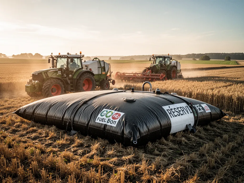 Cuve souple de carburant installée au sol près d’un bâtiment agricole avec raccords et zone de remplissage visibles