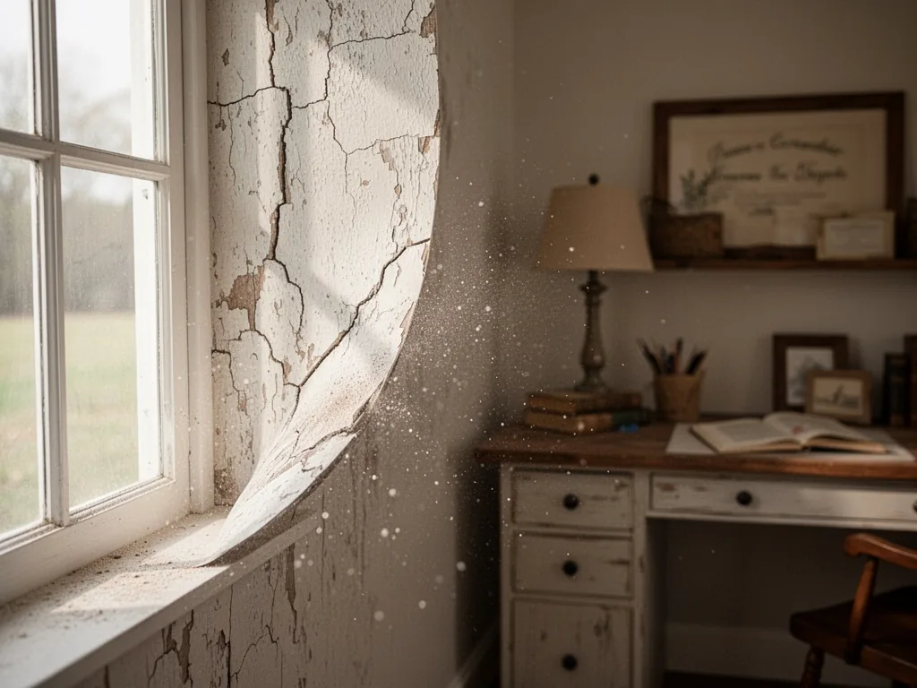 A close-up of a fiberglass wallcovering edge lifting from the wall with cracked paint and fine dust particles, side ligh