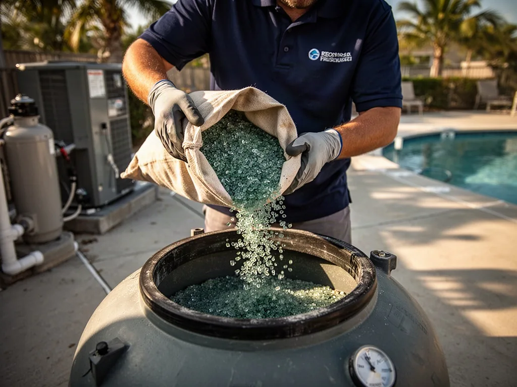A pool technician in a navy polo pours recycled blue-green glass filter media from a plain canvas bag into an open sand 