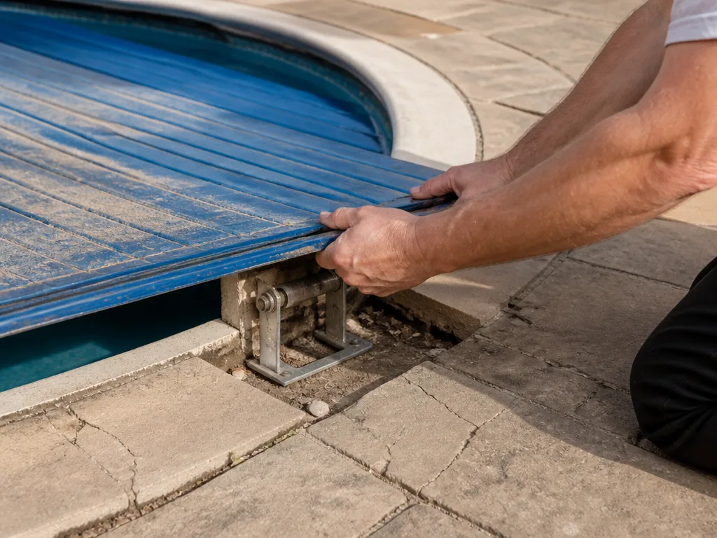 Photorealistic editorial photograph of a homeowner's hands gripping a dusty above-ground pool roller shutter edge, showi